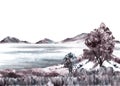 Landscape with the sea, mountains on the horizon, shore with hills, bushes and trees Watercolor painted Illustration Royalty Free Stock Photo