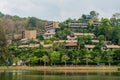 Landscape with lake, trees and huge hotel building in Phuket. Thailand.