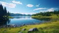 Landscape of a lake with trees near a field. Green hills by the seaside with a blue sky in Norway. A calm lagoon near a vibrant