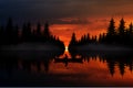 Landscape lake with trees reflection