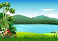 Landscape Lake View With Tropical Ivy Plants and Mountain Range in Background Cartoon Vector Illustration
