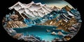 Landscape lakes and mountains made from carnival glass shard