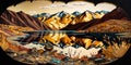 Landscape lakes and mountains made from carnival glass shard