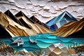 Landscape lakes and mountains made from carnival glass shard