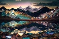 Landscape lakes and mountains made from carnival glass shard