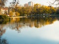 Landscape, lakes park in autumn, which reflects part of the park