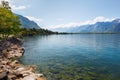 Landscape. Lakeside and snowy mountains at the sunny day