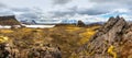 Old volcano craters, lava, mountain and snow unreal desert landscape. Iceland. Royalty Free Stock Photo