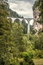 Landscape with Landwasser Viaduct, Filisur, Switzerland. Scenic vertical view of high railway bridge in Alps. Beautiful Swiss