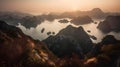 Landscape of large mountain and cliff archipelago calm water, golden hour evening sunset, view from top of mountain Royalty Free Stock Photo