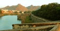 A landscape of the large trench with fort battlement and big wall at vellore