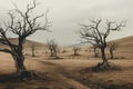 Landscape with leafless trees in a land with dry grass in a bare and delicate structure.