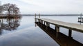 Landscape Leon french lake in Landes south west France with empty pontoon boat