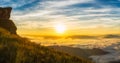 Landscape of Light morning sun with fog on Phu Chi Fa in Chiang Rai, Thailand Royalty Free Stock Photo