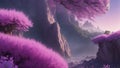 landscape with light pink vegetation and lavender purple mountains, flowing rocks, pink stars, nebulas, tall trees