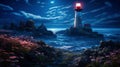 Landscape with lighthouse at night - building on rocks with searchlight, illuminated shore.AI generated