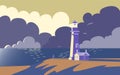 Landscape with lighthouse, vector illustration. Sunset at sea after storm.