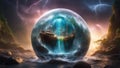 landscape with lightning During a heavy storm with rain a fishing boat near waterfall inside a crystal ball Royalty Free Stock Photo