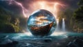lightning highly intricately detailed photograph of During a heavy storm with rain a fishing boat inside a crystal ball Royalty Free Stock Photo