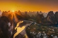 The landscape of the Lijiang river valley iamong the karst mountains of Guilin at sunset, China Royalty Free Stock Photo