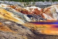 Landscape like a planet Mars surface. Ural refractory clay quarries. Nature of Ural mountains, Russia. Solidified red-brown black