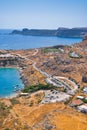 Landscape Lindos bay with blue mediterranean sea,