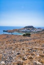 Landscape Lindos bay with blue mediterranean sea,