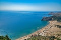 Landscape Lindos bay with blue mediterranean sea,