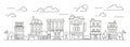 Landscape in line art style. Outline street with houses, building, tree and clouds. Cafe, pharmacy, hotel and bus stop