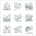 Landscape line icons. linear set. quality vector line set such as beach, cactus, volcano, waterfall, steppe, forest, village,