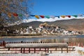 Landscape Little potala or shangri la tibetan monastery with lake in front of temple at shangrila old town , Zhongdian , Yunnan ,