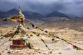 Landscape of Lo Manthang with rocky mountains with Tibetan Buddhist prayer flags at Tiji Festival Royalty Free Stock Photo