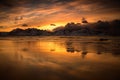 Landscape of Lofoten archipelago in Norway in winter time, , Ramberg beach sunset