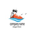 Landscape logo illustration of mountains and coconut trees with color vector design Royalty Free Stock Photo