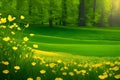 Landscape with distant trees and bright yellow buttercups. Generative-AI Royalty Free Stock Photo