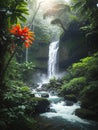Lush tropical rainforest with a casting waterfall