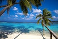 Landscape on Maldives island. Beautiful sky and clouds and beach with palms background for summer vacation holiday and travel Royalty Free Stock Photo