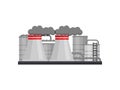 Factory with metal cisterns and pipes, large chimneys with gray smoke. Thermal power station. Flat vector design Royalty Free Stock Photo