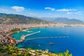 Landscape with marina and Kizil Kule tower in Alanya peninsula, Antalya district, Turkey, Asia. Famous tourist destination with