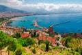 Landscape with marina and Kizil Kule tower in Alanya peninsula, Antalya district, Turkey, Asia. Famous tourist destination with Royalty Free Stock Photo