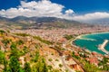 Landscape with marina and Kizil Kule tower in Alanya peninsula, Antalya district, Turkey, Asia. Famous tourist destination with Royalty Free Stock Photo