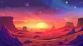 Landscape of Mars with sunset over purple desert surface and flying cosmic dust. Interplanetary backdrop with big globe Royalty Free Stock Photo