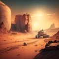 Landscape of Mars surface with the Mars Rover exploring the soil Royalty Free Stock Photo