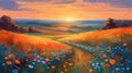 Landscape of a meadow at sunset with wildflowers and a beautiful sky. Oil painting in the impressionistic style.