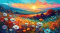 Landscape of a meadow at sunset with wildflowers and a beautiful sky. Oil painting in the impressionistic style. Royalty Free Stock Photo