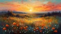 Landscape of a meadow at sunset with wildflowers and a beautiful sky. Oil painting in the impressionistic style.