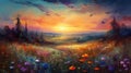 Landscape of a meadow at sunset with wildflowers and a beautiful sky. Oil painting in the impressionistic style. Royalty Free Stock Photo