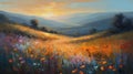 Landscape of a meadow at sunset with wildflowers and a beautiful sky. Oil painting in the impressionistic style.