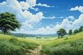 Landscape with meadow, trees and blue sky with clouds