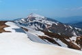 The landscape with the meadows, high mountains and peaks covered with snow. The place of tourists rest.